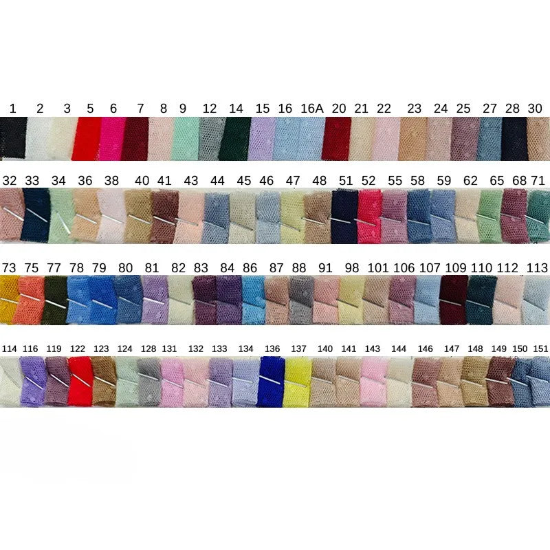 A collection of 151 fabric swatches, including Longan Craft’s Small Polka Dot Tulle Fabric by the yard—colorful, soft polyester tulle for dresses—each arranged in rows and labeled with a unique identification number.