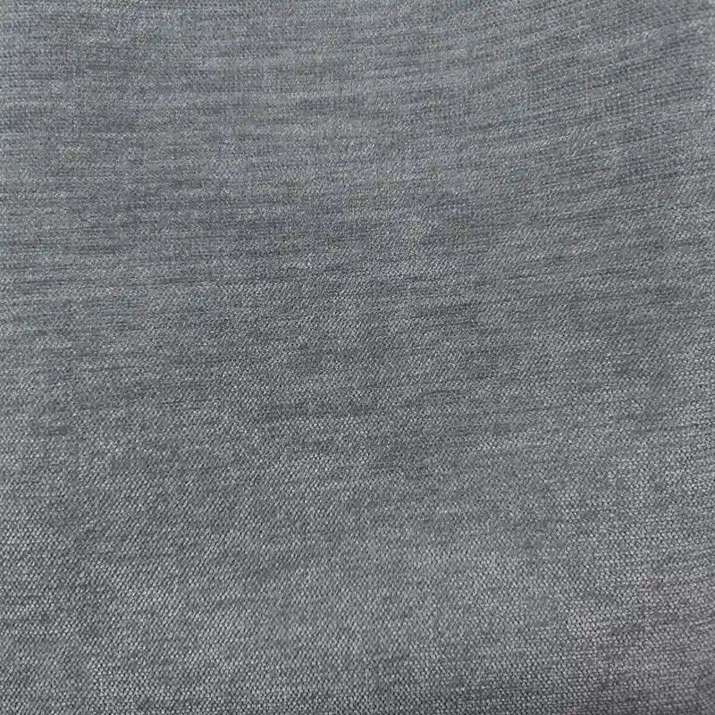 A detailed view of Longan Craft's Solid Color Chenille Upholstery Fabric shows smooth, subtle texture and fine horizontal weave in gray—ideal for couches, chairs, or sofas. Made from thick polyester chenille for lasting durability.