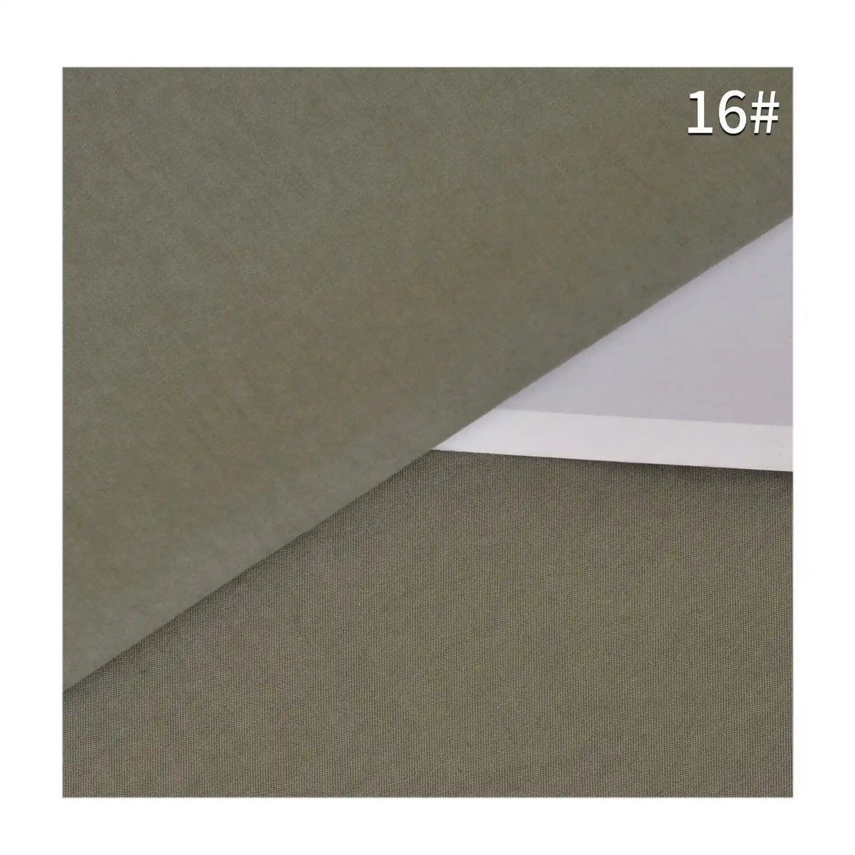 Olive green Solid Color Double Sided Peachskin Fabric by Longan Craft is shown with a folded corner revealing its white underside and the number 16# at the top right. This soft, versatile microfiber polyester is perfect for dresses.