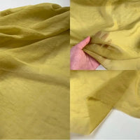 A collage of three images displays Longan Craft's Solid Color Linen Silk Fabric By The Yard, a thin lyocell silk blend, in light yellow—held and draped to showcase its lightweight, sheer, luxurious texture; ideal for upholstery.
