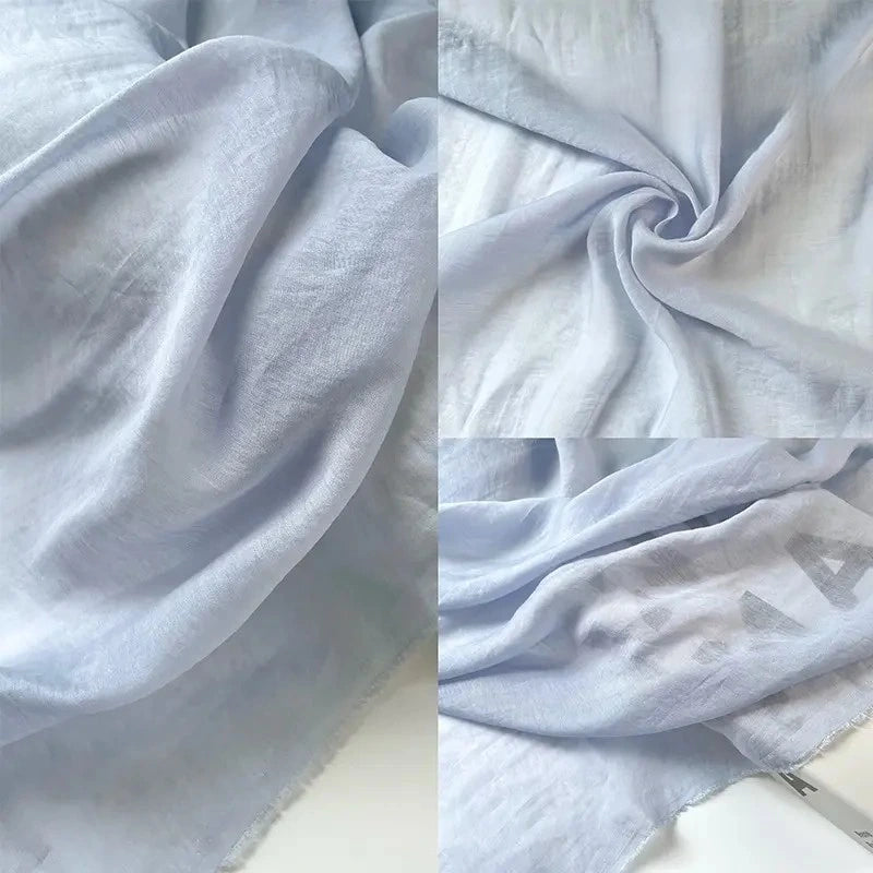 A collage of three close-ups highlights Longan Craft's Solid Color Linen Silk Fabric by the Yard—a thin lyocell silk blend in light blue with a subtle texture and gentle folds, ideal for luxurious upholstery or any solid color textile project.