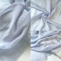 A collage of three close-ups highlights Longan Craft's Solid Color Linen Silk Fabric by the Yard—a thin lyocell silk blend in light blue with a subtle texture and gentle folds, ideal for luxurious upholstery or any solid color textile project.