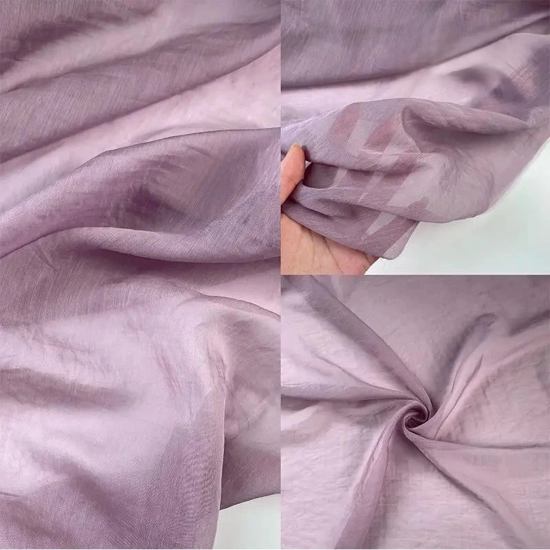 Four images display Longan Craft's Solid Color Linen Silk Fabric by the yard, a thin lyocell silk blend in light purple. The semi-sheer material looks soft and delicate, with one photo showing its luxurious texture and drape in hand.