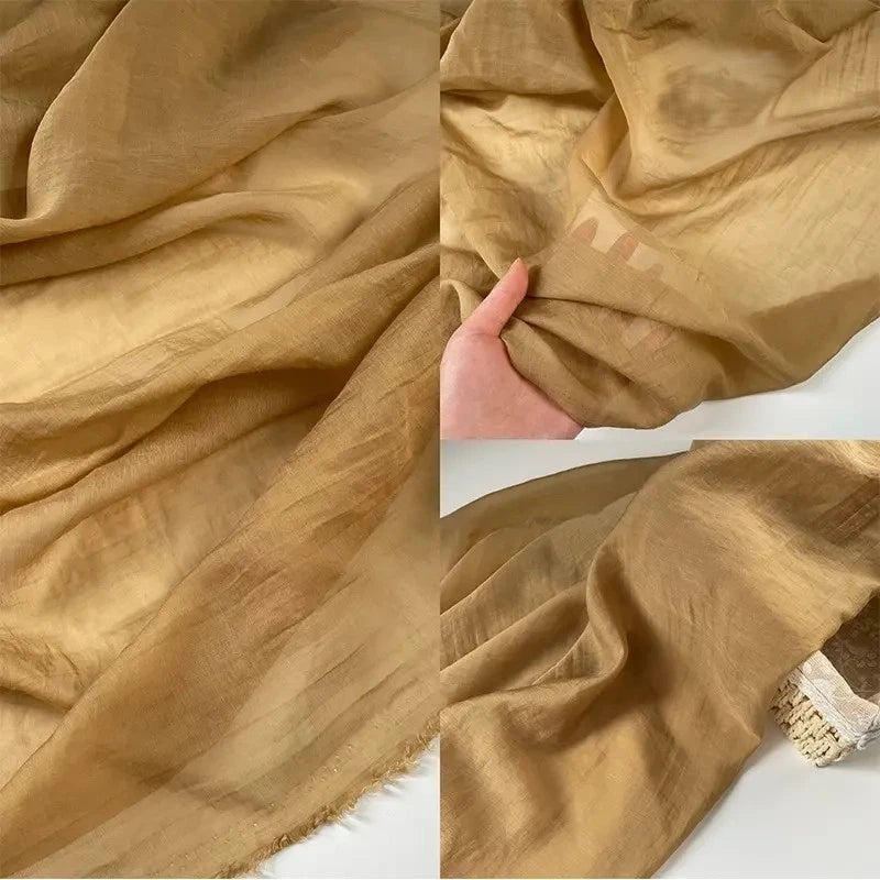 The Longan Craft Solid Color Linen Silk Fabric by the yard, a thin lyocell silk blend perfect for upholstery, is shown in three close-ups highlighting its soft texture, semi-transparency, and delicate, airy quality.