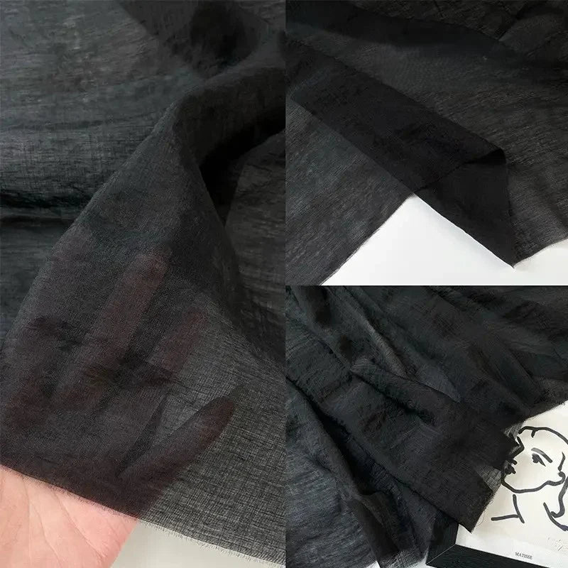 Three views of Longan Craft's Solid Color Linen Silk Fabric by the Yard showcase its sheer thin Lyocell silk blend: a hand highlights its transparency, while close-ups reveal the luxurious texture and delicate folds. Perfect for silk upholstery.