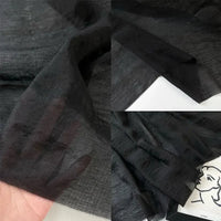 Three views of Longan Craft's Solid Color Linen Silk Fabric by the Yard showcase its sheer thin Lyocell silk blend: a hand highlights its transparency, while close-ups reveal the luxurious texture and delicate folds. Perfect for silk upholstery.