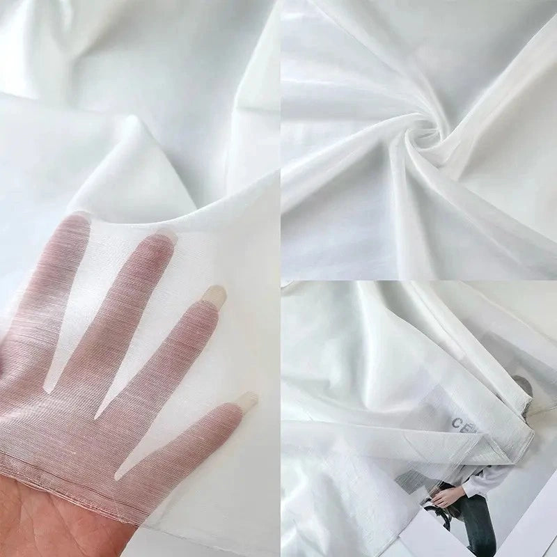 Four images show Longan Craft's Solid Color Linen Silk Fabric: a hand beneath the thin material, its drape twisted, smooth folds revealing texture, and a person partly visible behind the sheer Lyocell silk blend.