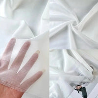 Four images show Longan Craft's Solid Color Linen Silk Fabric: a hand beneath the thin material, its drape twisted, smooth folds revealing texture, and a person partly visible behind the sheer Lyocell silk blend.
