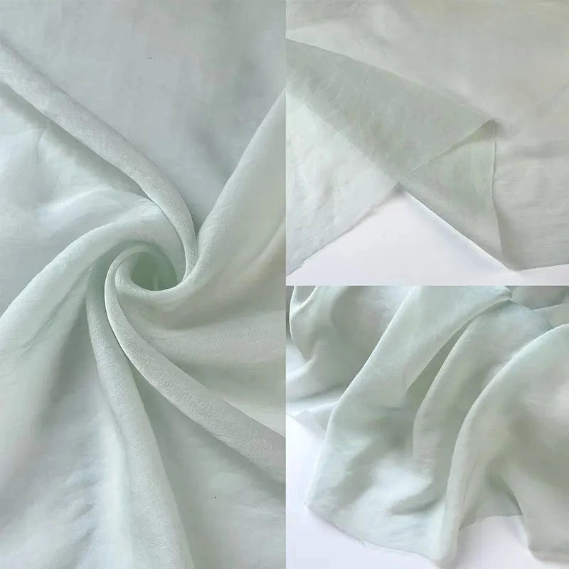 A collage of three close-ups showcases Longan Craft’s Solid Color Linen Silk Fabric By The Yard— a thin lyocell silk blend — highlighting its smooth texture, soft pale green hue, gentle folds, and lightweight drape.