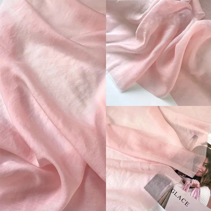 A collage of three close-ups of Longan Craft's Solid Color Linen Silk Fabric By The Yard, a light pink thin lyocell silk blend, featuring one image with a hand holding the luxurious textile and a CLACE card. Perfect for silk upholstery.