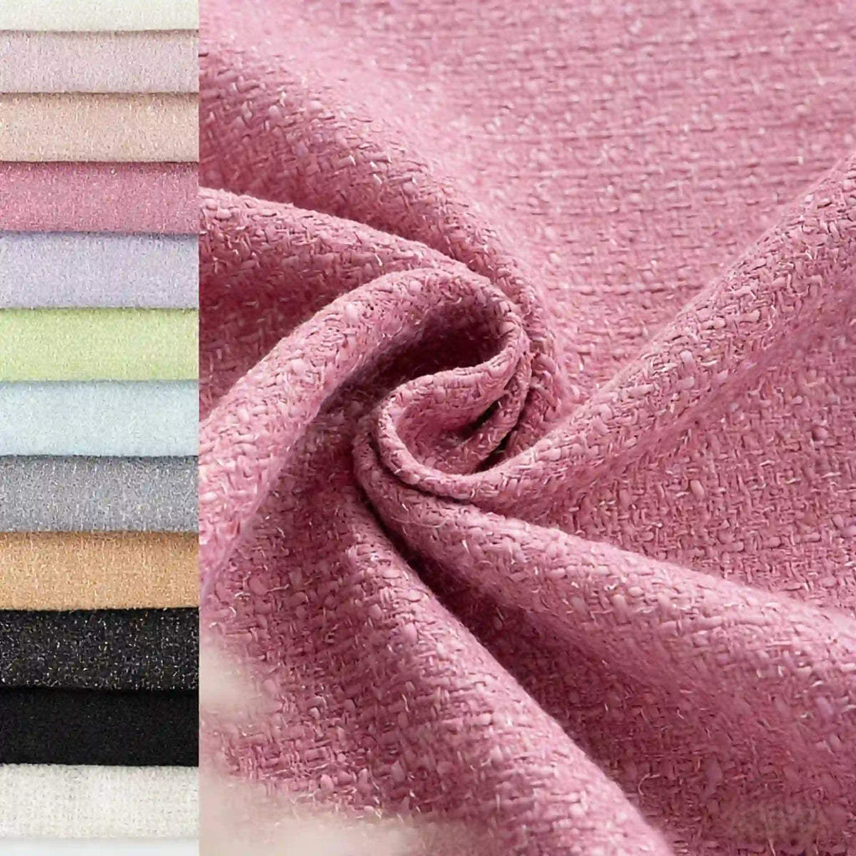 A close-up of Longan Craft's Solid Color Tweed Fabric By The Yard, a woven polyester textile for suits, is shown twisted in a swirl with stacked pastel and neutral swatches displayed vertically on the left.