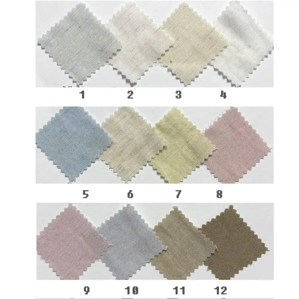 Twelve numbered Solid Color Viscose Lyocell Fabric swatches by Longan Craft in pastel and neutral tones, each with zigzag edges, are displayed in three rows. Eco-friendly rayon and linen blend; smooth, breathable, and perfect for tops.