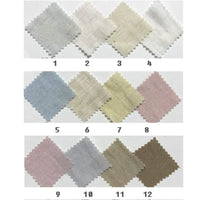 Twelve numbered Solid Color Viscose Lyocell Fabric swatches by Longan Craft in pastel and neutral tones, each with zigzag edges, are displayed in three rows. Eco-friendly rayon and linen blend; smooth, breathable, and perfect for tops.