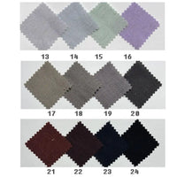 Twelve square swatches of Longan Craft Solid Color Viscose Lyocell Fabric, a rayon-linen blend perfect for tops, are labeled 13–24 and display gray, purple, green, brown, black, navy, and burgundy shades.