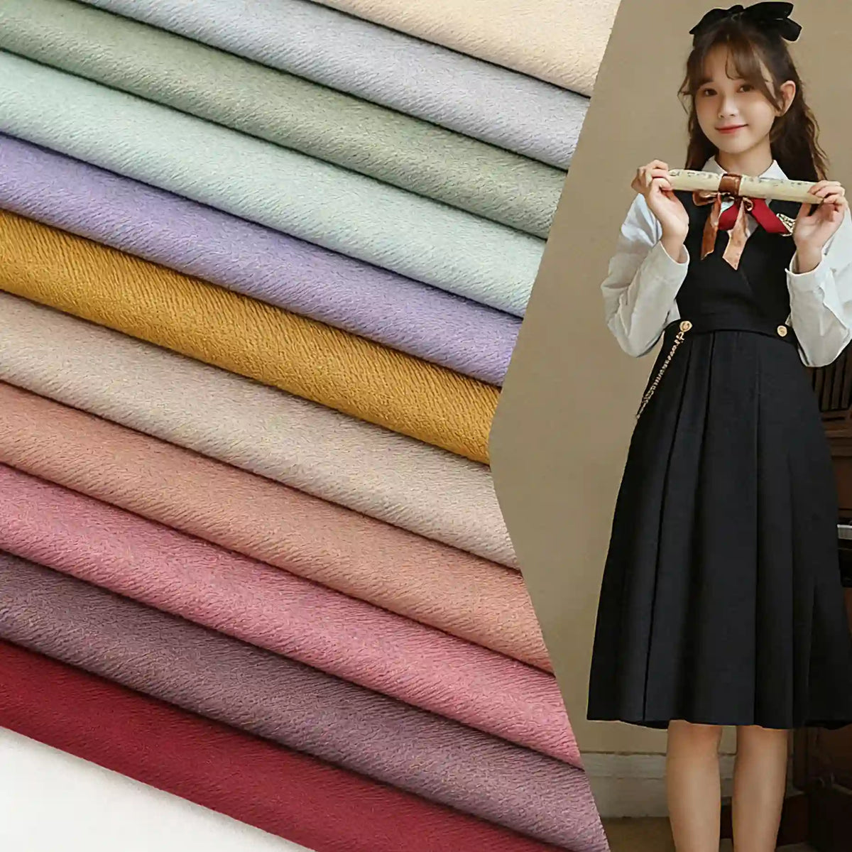 A young woman in a black dress stands beside a display of Longan Craft Solid Color Wool Gabardine Fabric by the yard, featuring rayon polyester blended twill in pastel and earthy shades like green, yellow, pink, and purple—ideal for casual wear.