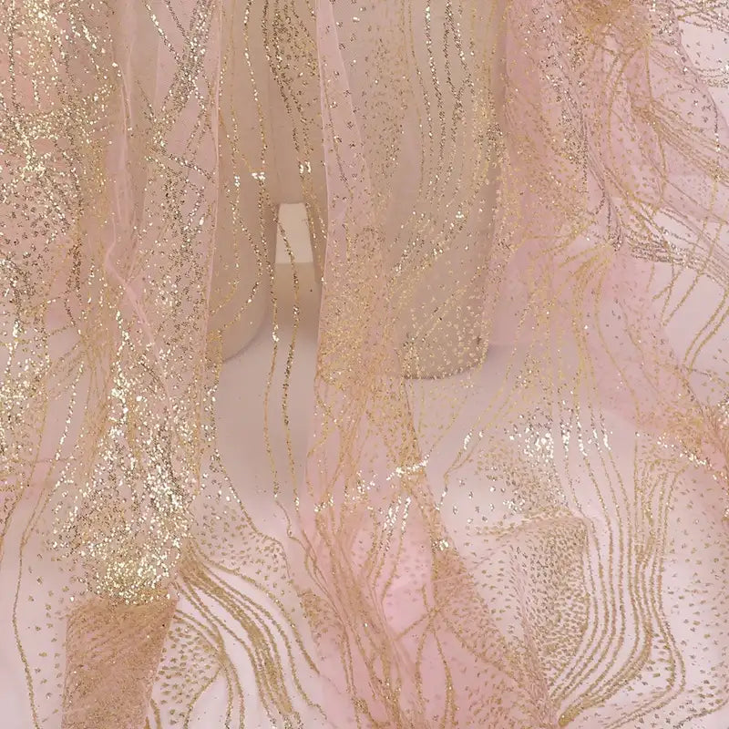 A close-up of Longan Craft's Sparkle Glitter Tulle Fabric by the Yard, a delicate multicolor shiny tulle material with shimmering patterns—ideal for evening gowns or bridal veils.