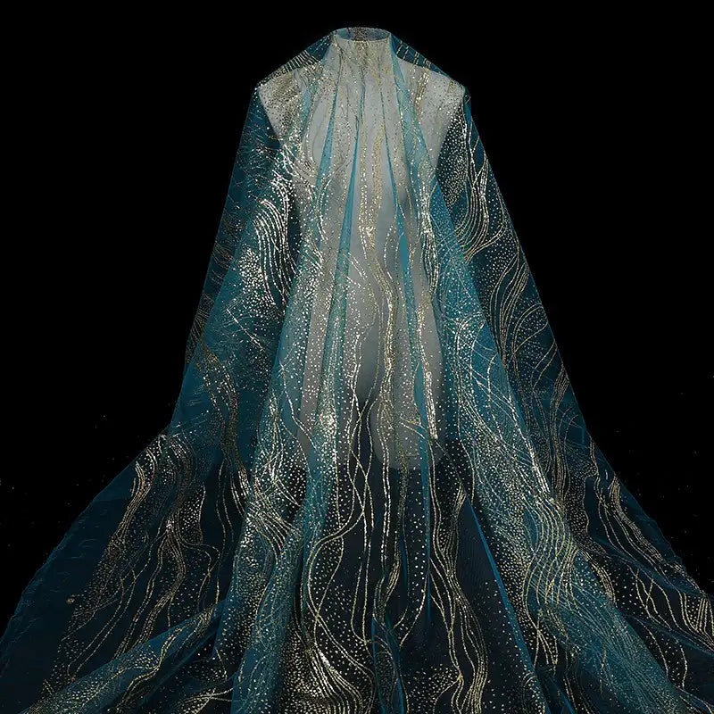 Longan Craft’s Sparkle Glitter Tulle Fabric By The Yard features shimmering multicolor patterns on delicate tulle, perfect for ethereal evening gowns or bridal veils inspired by sparkling, starlit night skies.