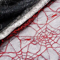 Rolls of lace fabric, including Longan Craft’s Spider Web Tulle Fabric By The Yard—a colorful Halloween tulle perfect for DIY party dresses—are stacked in black, white, and red, showcasing fine mesh detail and festive textures.