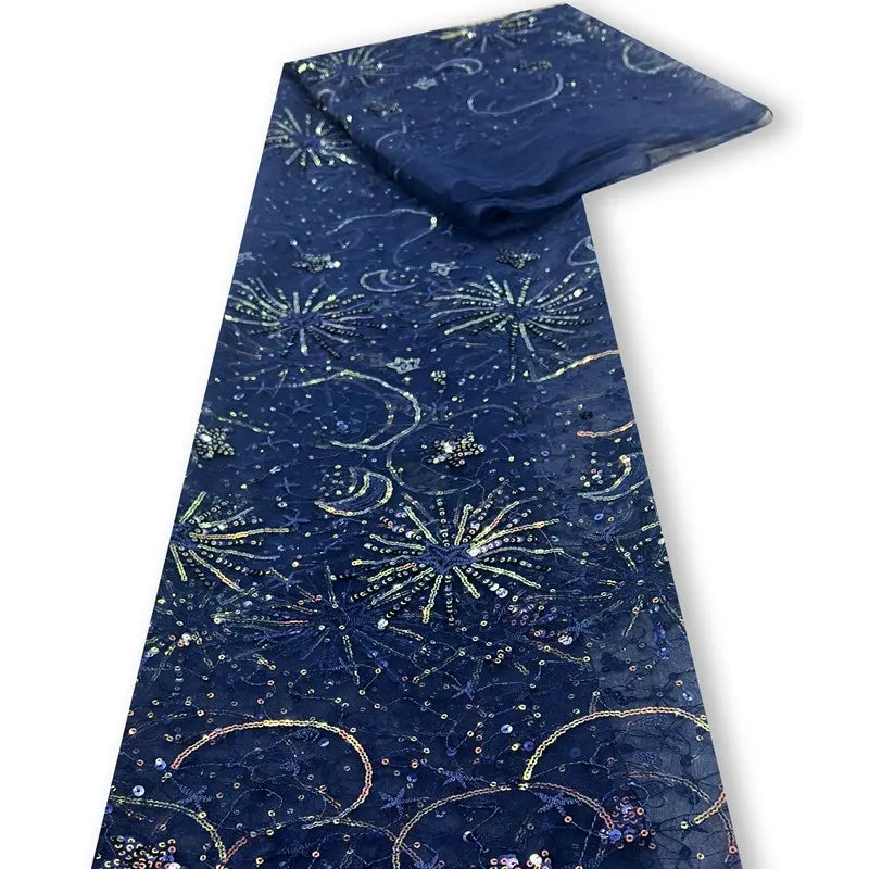 Longan Craft’s Star and Moon Sequin Embroidered Tulle Fabric features a sparkling sheer surface with sequin star and moon patterns—perfect for DIY dresses, wedding gowns, or décor. Available by the yard.