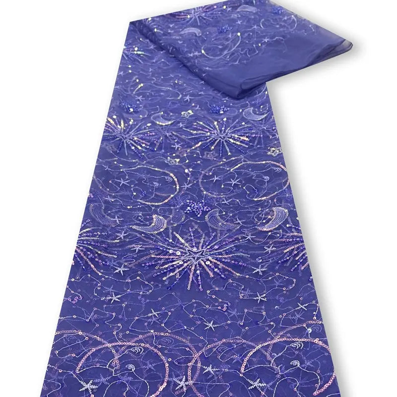 The "Star and Moon Sequin Embroidered Tulle Fabric By The Yard" from Longan Craft features sparkling sequins and metallic threads, ideal for DIY dresses or standout designs with celestial-inspired shimmer.