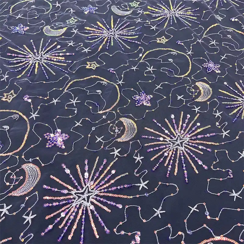 Longan Craft's Star and Moon Sequin Embroidered Tulle Fabric by the yard features sparkling, colorful sequin patterns—perfect for DIY dresses, wedding gowns, or special occasion wear.