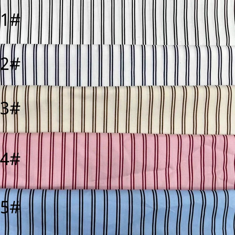 Five stacked Longan Craft Striped Cotton Lawn Fabrics, each labeled 1# to 5#: black on white, navy on white, brown on beige, brown on pink, and brown on blue—breathable cotton for summer apparel.