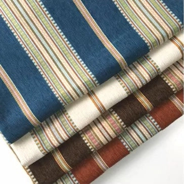 Four pieces of Longan Craft Striped Jacquard Chenille Fabric By The Yard in blue, cream, brown, and rust—high quality 100% poly chenille upholstery fabric with multicolored stripes, ideal for stylish sofa cushions.