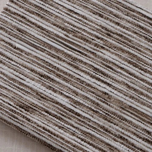 A close-up of Longan Craft's Striped Jacquard Chenille Fabric by the Yard, a colorful poly woven upholstery material with beige, brown, and white horizontal stripes in thick and thin lines, shown on a light fabric background.