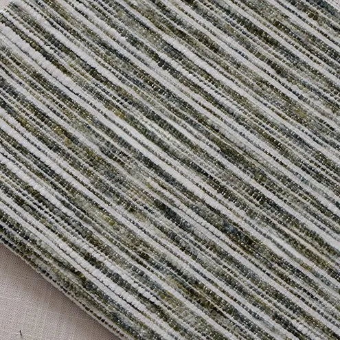 Close-up of Longan Craft’s Striped Jacquard Chenille Fabric By The Yard, a colorful poly woven chenille with horizontal gray, white, and green stripes. Durable upholstery material with a layered, tactile look.