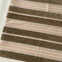 Longan Craft's Striped Jacquard Chenille Fabric by the yard features brown, beige, and pink horizontal stripes with a textured pattern. Made of 100% poly chenille, it's ideal for upholstery or cushions and offered as high-quality material.