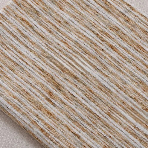 A close-up of Longan Craft’s Striped Jacquard Chenille Fabric by the Yard, a durable poly woven chenille upholstery material featuring beige, tan, and white horizontal stripes for a natural, earthy look.