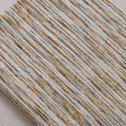 A close-up of Striped Jacquard Chenille Fabric by the yard from Longan Craft, featuring a ribbed beige, white, and light brown pattern—durable and colorful poly woven chenille ideal for neutral upholstery backgrounds.