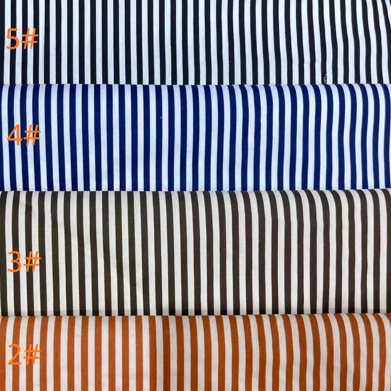 Five pure cotton lawn fabrics from Longan Craft are stacked in black, blue, brown, gray, and orange with vertical stripes. Labeled 5#, 4#, 3#, and 2# in orange text on the left. Perfect soft striped print material for shirts by the yard.