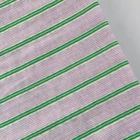 A close-up of Longan Craft Striped Printed Gauze Fabric by the yard, made from double 100% cotton, featuring diagonal green and white stripes on a light purple background. This breathable, cozy gauze cloth material shows parallel lines across the surface.