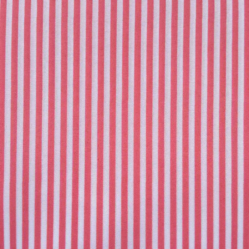 A close-up of Longan Craft’s Striped Printed Peachskin Fabric By The Yard shows soft, wrinkle-resistant polyester microfiber with evenly spaced vertical pink and white stripes—perfect for DIY clothing projects.