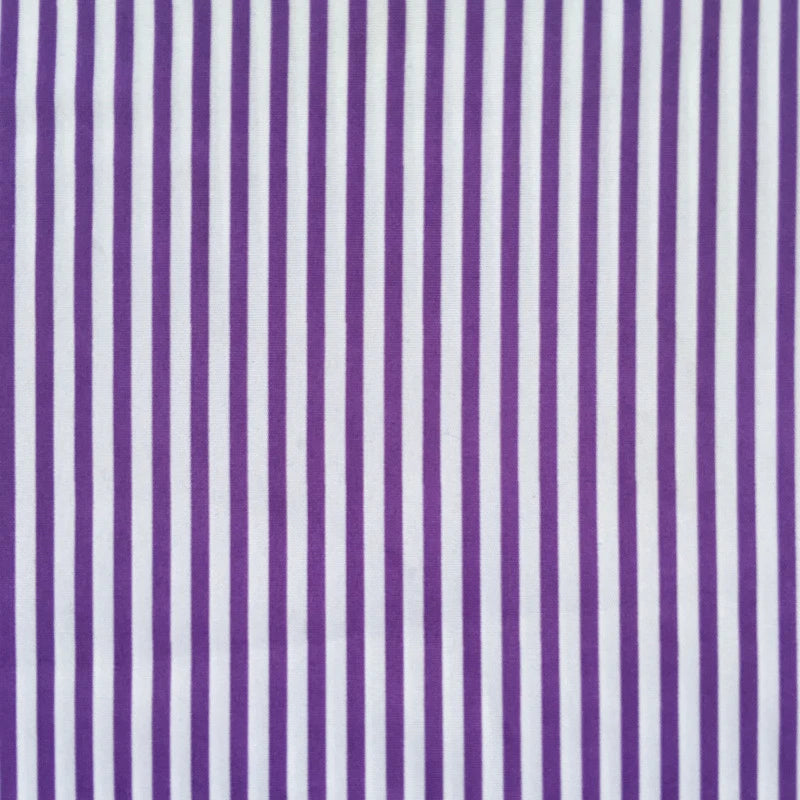 Longan Craft Striped Printed Peachskin Fabric by the yard features evenly spaced purple and white vertical stripes on soft polyester peachskin material, perfect for DIY clothing and crafts.