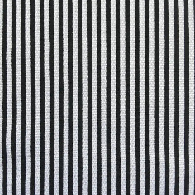Longan Craft's Striped Printed Peachskin Fabric By The Yard features evenly spaced vertical black and white stripes on soft, wrinkle-resistant polyester peachskin—ideal for DIY clothing projects.