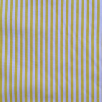 A close-up of Longan Craft's Striped Printed Peachskin Fabric By The Yard shows evenly spaced vertical yellow and white stripes on smooth, wrinkle-resistant polyester peachskin material—ideal for DIY clothing projects.