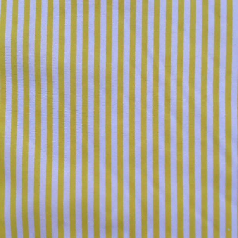 A close-up of Longan Craft's Striped Printed Peachskin Fabric By The Yard shows evenly spaced vertical yellow and white stripes on smooth, wrinkle-resistant polyester peachskin material—ideal for DIY clothing projects.
