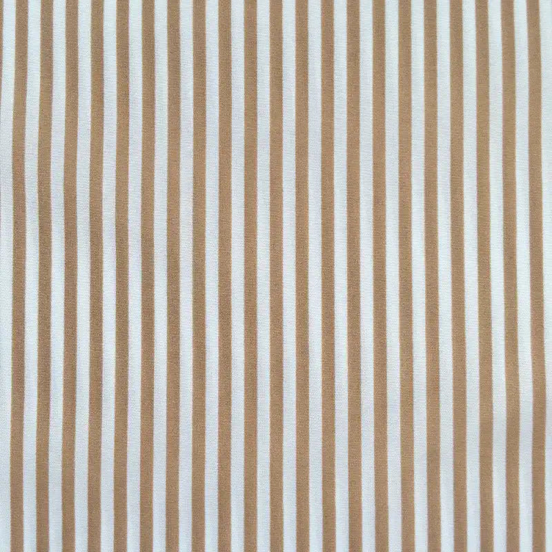 Longan Craft’s Striped Printed Peachskin Fabric By The Yard features beige and white vertical stripes on soft polyester, creating a simple, repetitive pattern—ideal for DIY clothing projects seeking comfort and style.