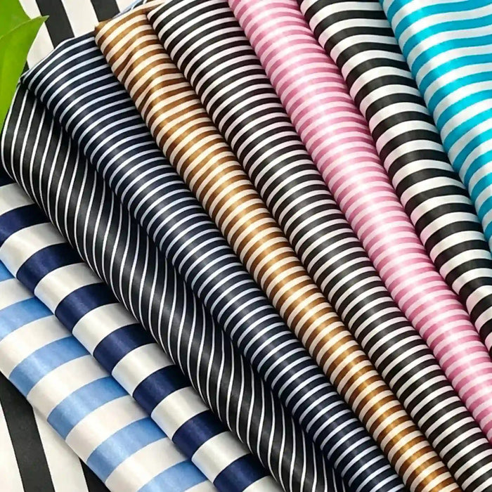 Longan Craft’s Striped Printed Satin Fabric by the Yard features shiny, alternating thick and thin stripes—premium satin material ideal for dressmaking and creative projects.