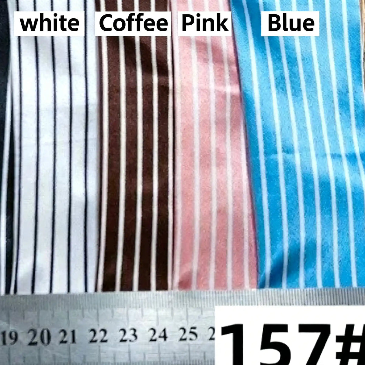 Four Striped Printed Satin Fabrics by Longan Craft, in white, coffee, pink, and blue, are shown side by side with a ruler below measuring their width in centimeters. Perfect for dressmaking with a shiny stripe pattern.