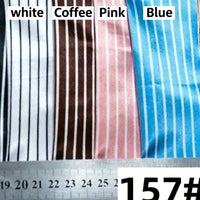 Four Striped Printed Satin Fabrics by Longan Craft, in white, coffee, pink, and blue, are shown side by side with a ruler below measuring their width in centimeters. Perfect for dressmaking with a shiny stripe pattern.