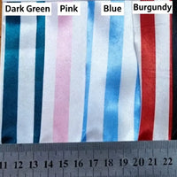 Four strips of Longan Craft Striped Printed Satin Fabric—dark green, pink, blue, and burgundy—are labeled at the top. Below them, a centimeter ruler shows the width of each premium, shiny striped satin material.