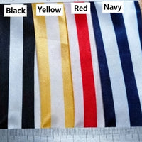 Five vertically striped Longan Craft satin fabric swatches in black/white, yellow/white, red/white, and navy/white are shown with color labels and a ruler for scale. Product: Striped Printed Satin Fabric By The Yard.