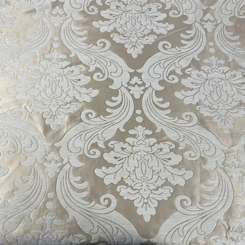 The Longan Craft Thick Chenille Damask Fabric By The Yard features a vintage jacquard damask pattern in light beige and white, ideal for curtain or upholstery projects. Ornate floral and leaf motifs add elegance to this textured chenille fabric.