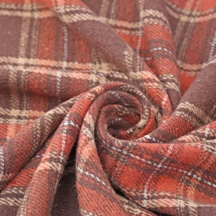Thick Plaid Mammoth Flannel Fabric By The Yard from Longan Craft showcases heavyweight cotton brushed flannel in warm red and brown tones with intersecting lines, beautifully arranged to highlight its inviting texture and timeless plaid pattern—ideal for cozy projects, this warm flannel apparel fabric brings both comfort and enduring style.