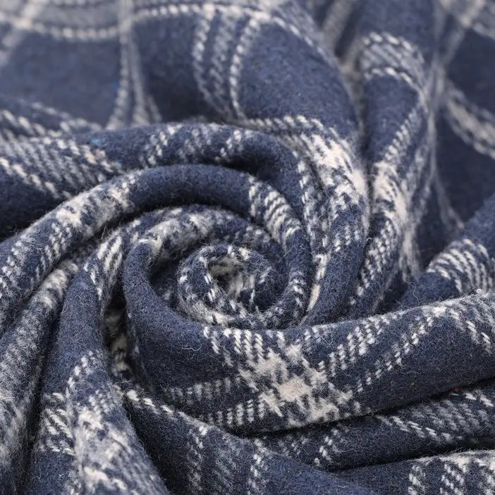 Close-up of Longan Craft’s Vintage Checked Mammoth Flannel Fabric By The Yard, featuring a blue and white gingham pattern swirled in a spiral, showcasing the thick cotton flannelette’s soft texture and intersecting lines—perfect for cozy fall sewing projects.