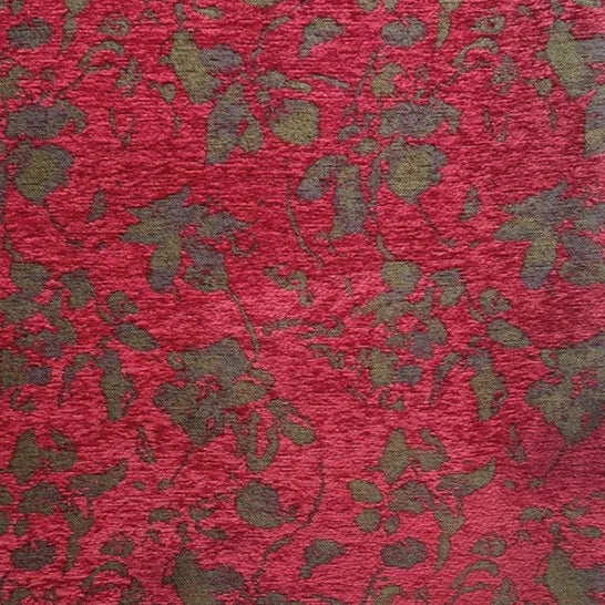 Longan Craft’s Vintage Flower Pattern Chenille Fabric By The Yard features a red floral jacquard design with a subtle dark green pattern, ideal for home decor or apparel projects.