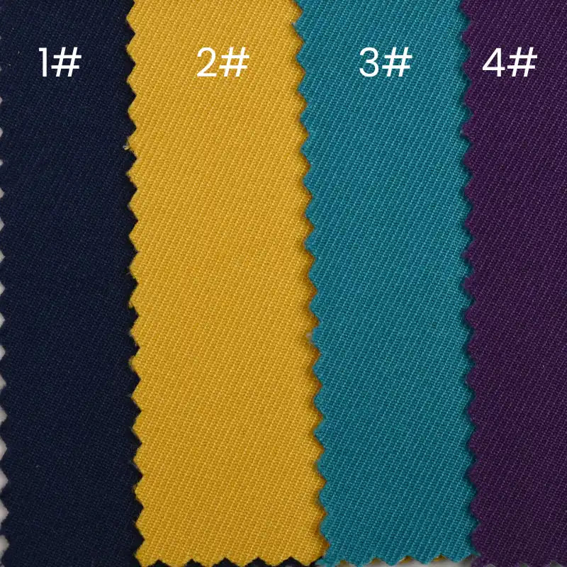 Four Longan Craft Waterproof Gabardine swatches (#1-4) in dark blue, mustard yellow, teal, and deep purple, each with a zigzag cut. Durable, water-resistant twill fabric—ideal for outdoor workwear projects.